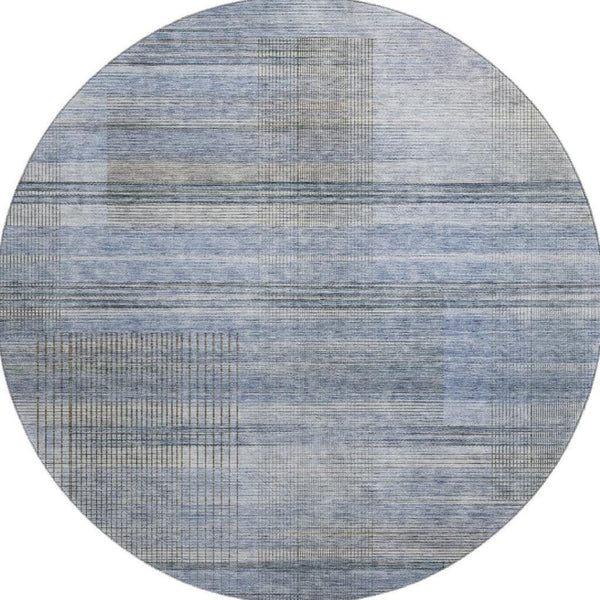 HomeRoots 8' Blue and Gray Striped Washable Round Rug - Durable, UV-Protected, Perfect for High-Traffic Areas! 666425