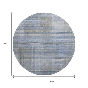 HomeRoots 8' Blue and Gray Striped Washable Round Rug - Durable, UV-Protected, Perfect for High-Traffic Areas! 666425