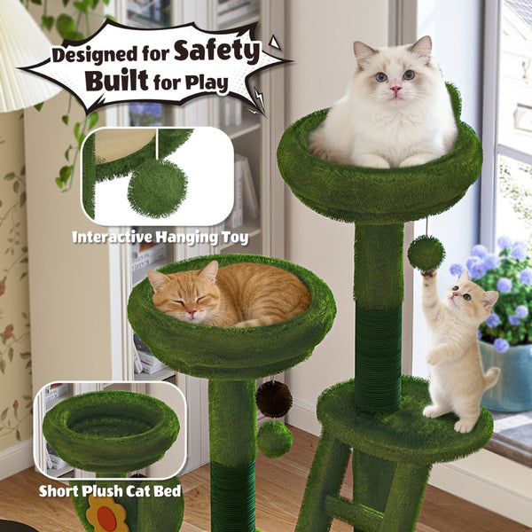 English Elm 72in Cactus Cat Tower Sisal Posts Plush Perches Capsule Pod Multi-level Climb Green W1578P447627