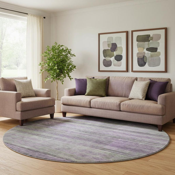HomeRoots 8' Stylish Purple and Gray Striped Washable Round Rug - UV Protected, Durable, Easy-Care Design! 666443