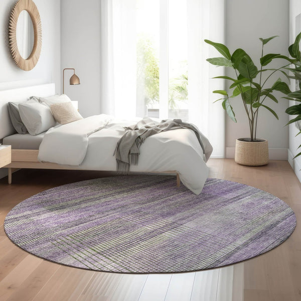 HomeRoots 8' Stylish Purple and Gray Striped Washable Round Rug - UV Protected, Durable, Easy-Care Design! 666443