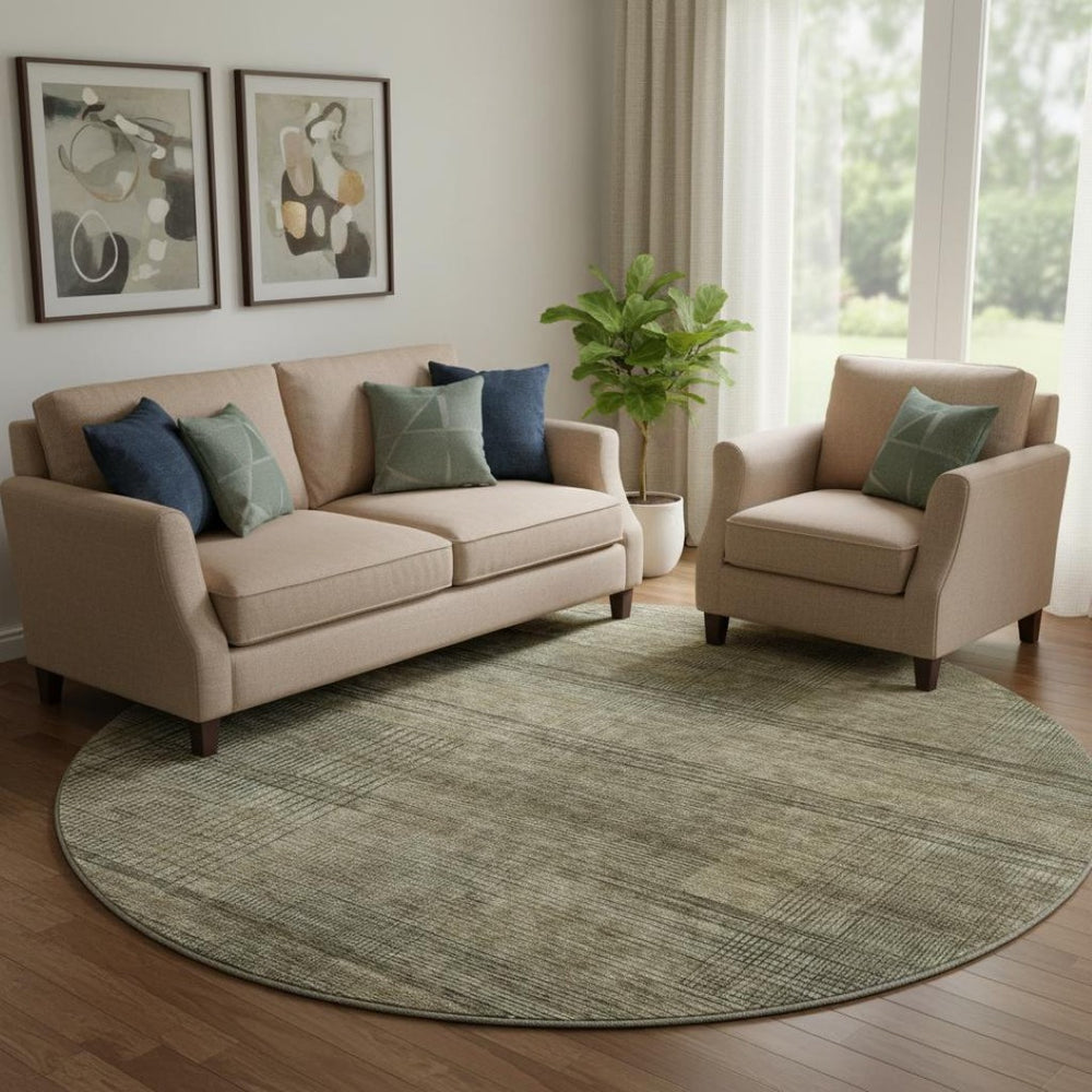 HomeRoots 8' Brown Beige and Gray Striped Round Rug – Washable, UV-Protected, Durable for Homes with Kids & Pets 666455
