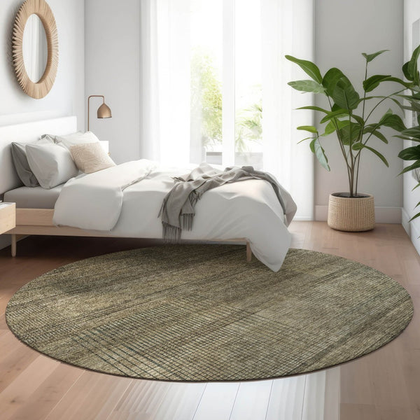 HomeRoots 8' Brown Beige and Gray Striped Round Rug – Washable, UV-Protected, Durable for Homes with Kids & Pets 666455