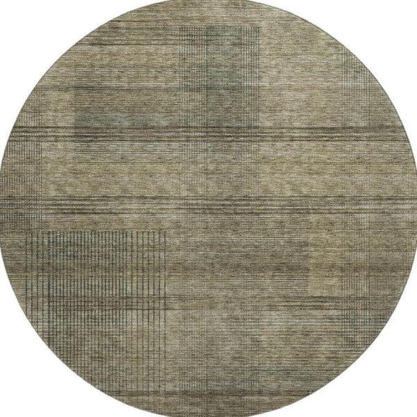 HomeRoots 8' Brown Beige and Gray Striped Round Rug – Washable, UV-Protected, Durable for Homes with Kids & Pets 666455