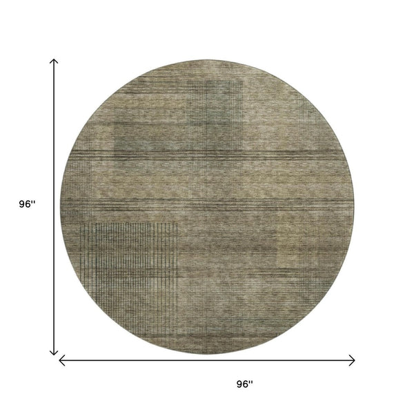 HomeRoots 8' Brown Beige and Gray Striped Round Rug – Washable, UV-Protected, Durable for Homes with Kids & Pets 666455