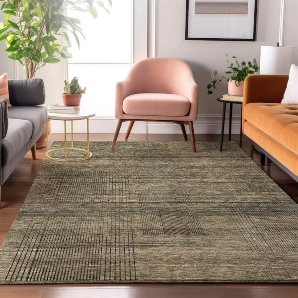 HomeRoots 9' X 12' Stylish Brown Beige & Gray Striped Area Rug - Durable, Washable, UV Protected for Homes 666457