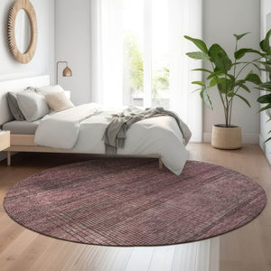 HomeRoots 8' Merlot and Gray Striped Round Rug – Durable, Stain Resistant, UV Protected for Busy Homes 666473