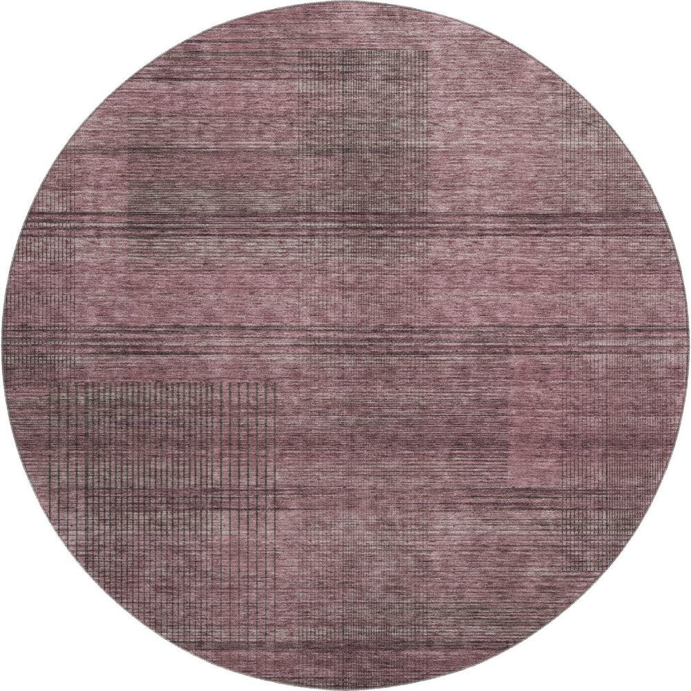 HomeRoots 8' Merlot and Gray Striped Round Rug – Durable, Stain Resistant, UV Protected for Busy Homes 666473
