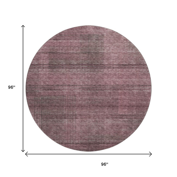 HomeRoots 8' Merlot and Gray Striped Round Rug – Durable, Stain Resistant, UV Protected for Busy Homes 666473
