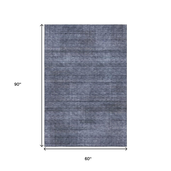 HomeRoots 5' X 8' Stylish Navy Blue and Gray Striped Area Rug with UV Protection for Pets and Kids' Safety 666478