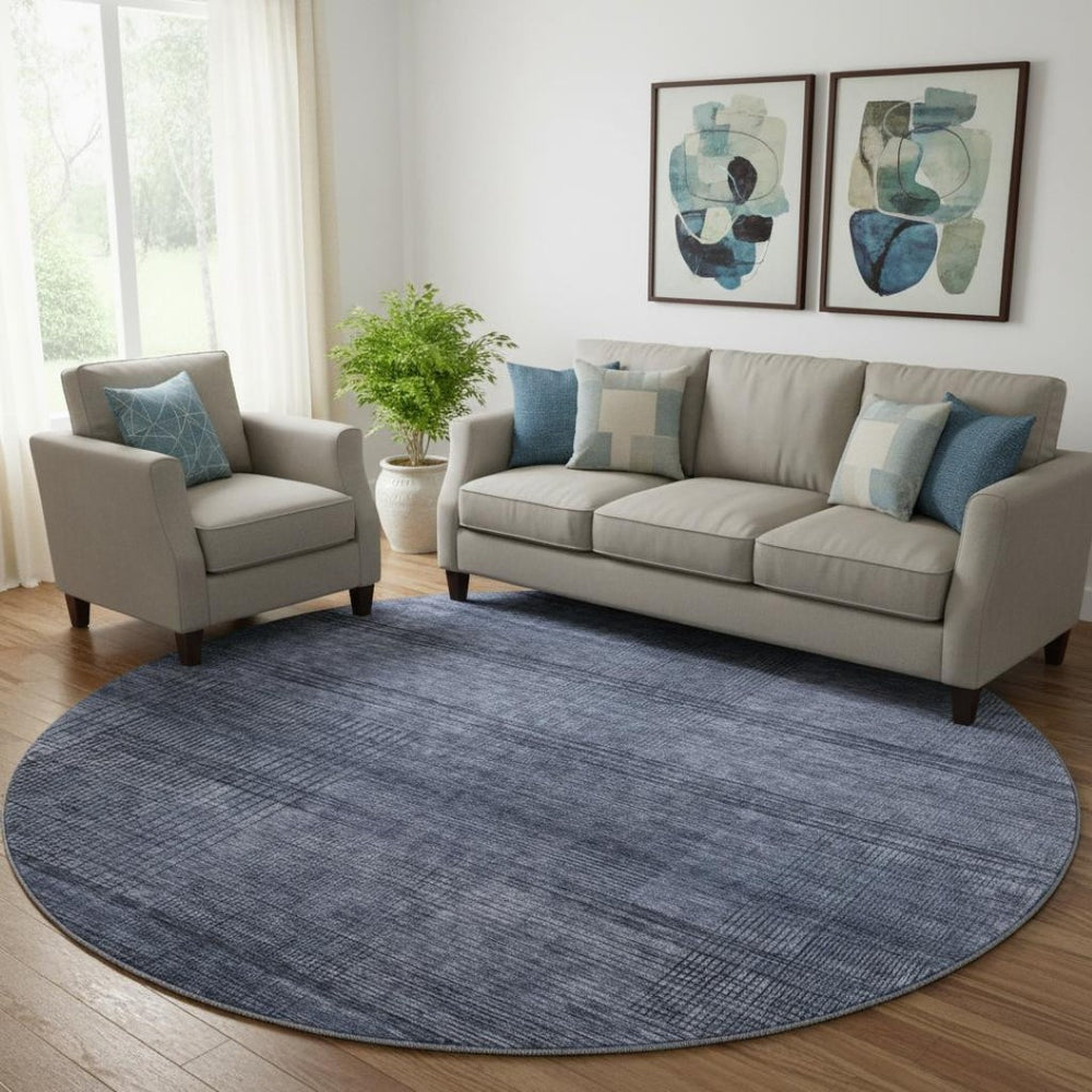 HomeRoots 8' Navy Blue and Gray Striped Round Rug – Washable, UV Protected, Durable Design for High-Traffic Areas 666479