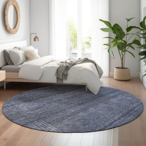 HomeRoots 8' Navy Blue and Gray Striped Round Rug – Washable, UV Protected, Durable Design for High-Traffic Areas 666479