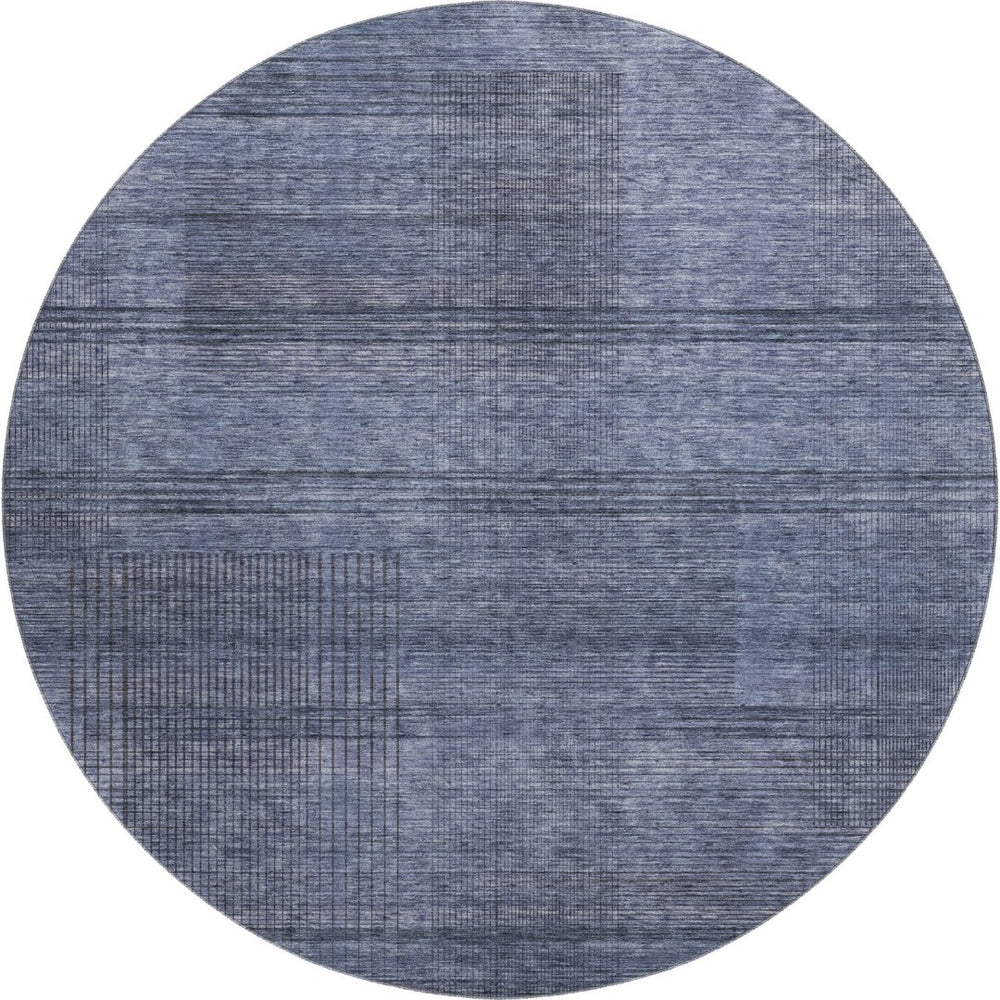 HomeRoots 8' Navy Blue and Gray Striped Round Rug – Washable, UV Protected, Durable Design for High-Traffic Areas 666479