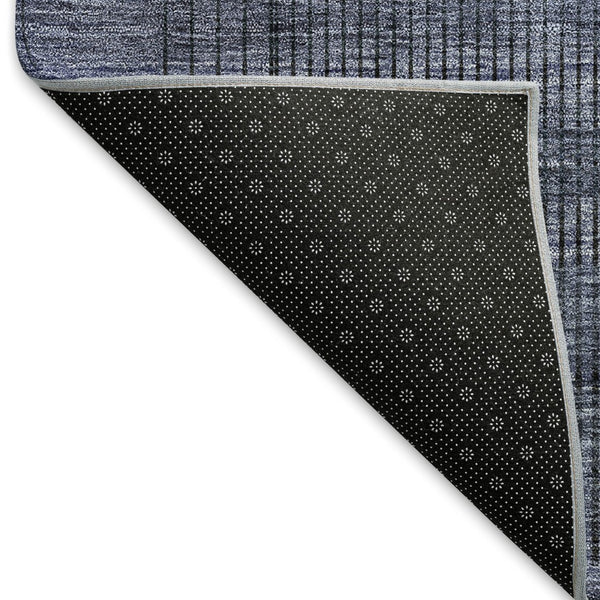 HomeRoots 8' Navy Blue and Gray Striped Round Rug – Washable, UV Protected, Durable Design for High-Traffic Areas 666479