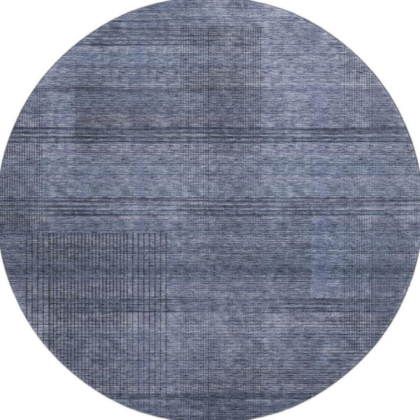 HomeRoots 8' Navy Blue and Gray Striped Round Rug – Washable, UV Protected, Durable Design for High-Traffic Areas 666479