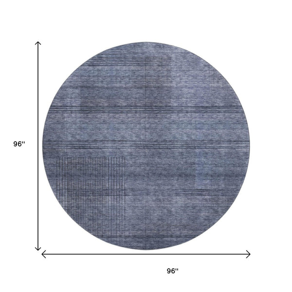 HomeRoots 8' Navy Blue and Gray Striped Round Rug – Washable, UV Protected, Durable Design for High-Traffic Areas 666479