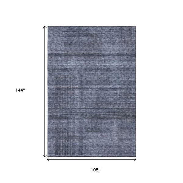 HomeRoots 9' X 12' Navy Blue & Gray Striped Area Rug - Washable, Stain Resistant, UV Protected for Family Spaces 666481