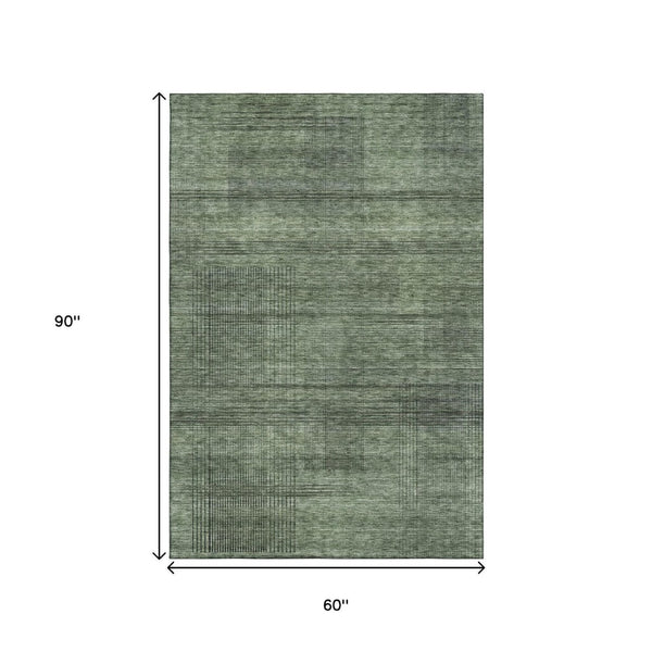 HomeRoots 5' X 8' Olive Green and Gray Striped Area Rug - Washable, UV Protected, Durable for High-Traffic Areas 666484