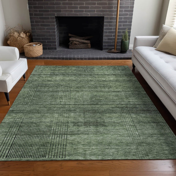 HomeRoots 5' X 8' Olive Green and Gray Striped Area Rug - Washable, UV Protected, Durable for High-Traffic Areas 666484