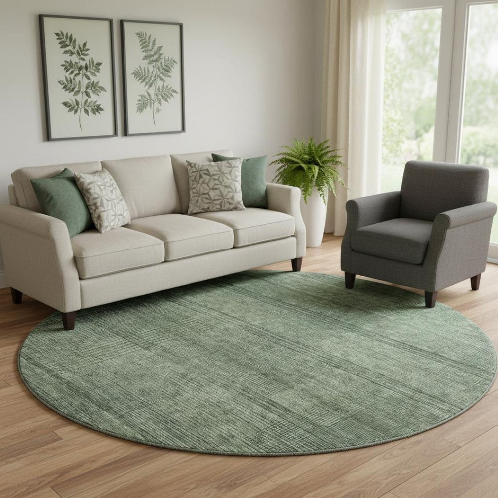 HomeRoots 8' Stylish Olive Green and Gray Striped Round Rug - Washable, UV Protected, and Stain Resistant! 666485