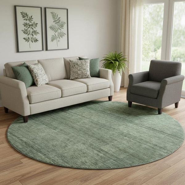 HomeRoots 8' Stylish Olive Green and Gray Striped Round Rug - Washable, UV Protected, and Stain Resistant! 666485
