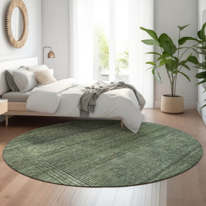 HomeRoots 8' Stylish Olive Green and Gray Striped Round Rug - Washable, UV Protected, and Stain Resistant! 666485