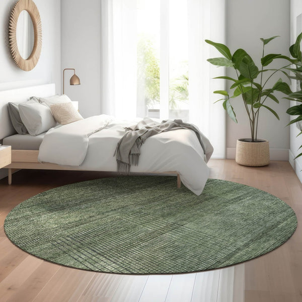 HomeRoots 8' Stylish Olive Green and Gray Striped Round Rug - Washable, UV Protected, and Stain Resistant! 666485