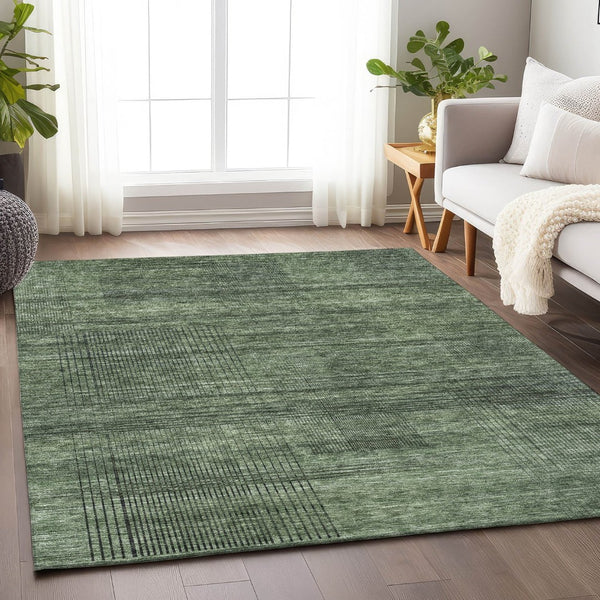 HomeRoots 8' X 10' Olive Green and Gray Striped Washable Area Rug – Durable, UV-Protected, Perfect for Homes! 666486
