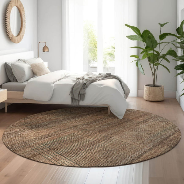 HomeRoots 8' Washable Round Rug in Rust and Gray Stripes - Durable, UV-Protected for Indoor & Outdoor Use 666491