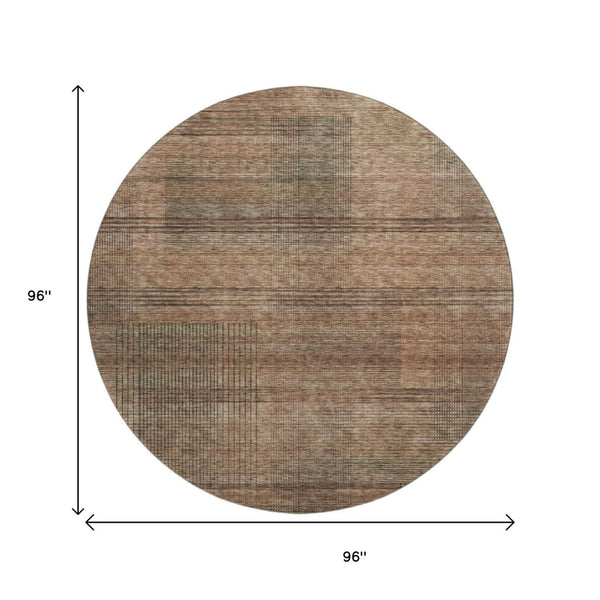 HomeRoots 8' Washable Round Rug in Rust and Gray Stripes - Durable, UV-Protected for Indoor & Outdoor Use 666491