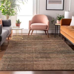 HomeRoots 10' X 14' Washable Area Rug in Rust and Gray Stripes – Durable, Stain-Resistant, UV Protected Design 666494
