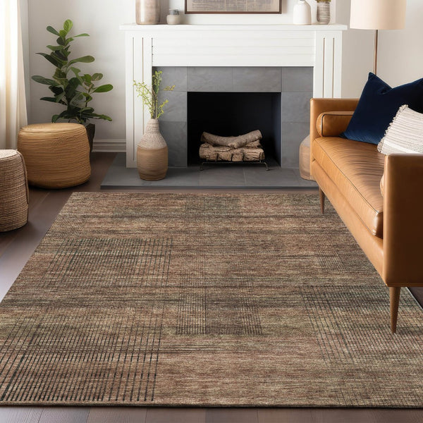 HomeRoots 10' X 14' Washable Area Rug in Rust and Gray Stripes – Durable, Stain-Resistant, UV Protected Design 666494