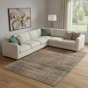 HomeRoots 10' X 14' Washable Area Rug in Rust and Gray Stripes – Durable, Stain-Resistant, UV Protected Design 666494