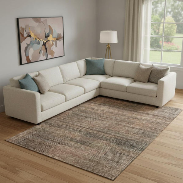 HomeRoots 10' X 14' Washable Area Rug in Rust and Gray Stripes – Durable, Stain-Resistant, UV Protected Design 666494