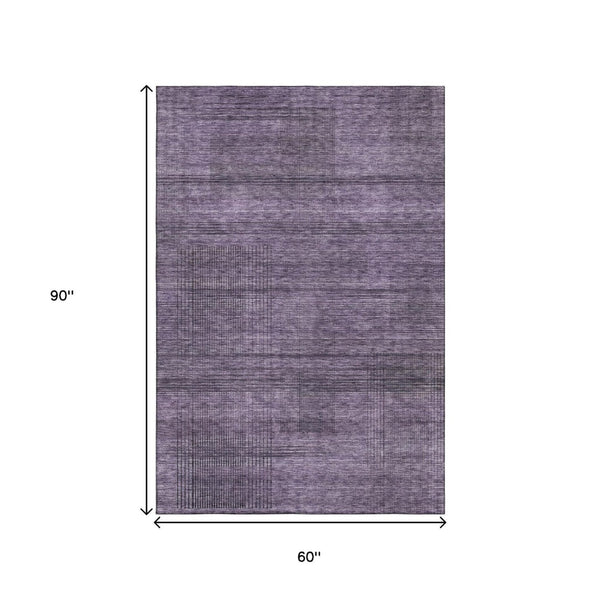 HomeRoots 5' Stylish Plum and Gray Striped Area Rug – Washable, UV Protected, Durable for Everyday Living 666496