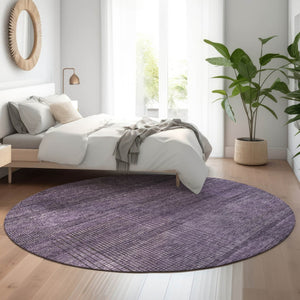 HomeRoots 8' Stylish Plum and Gray Striped Washable Round Rug with UV Protection for Indoor and Outdoor Use 666497