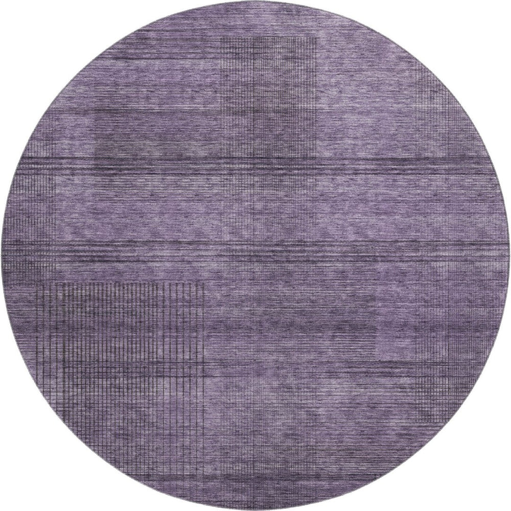 HomeRoots 8' Stylish Plum and Gray Striped Washable Round Rug with UV Protection for Indoor and Outdoor Use 666497
