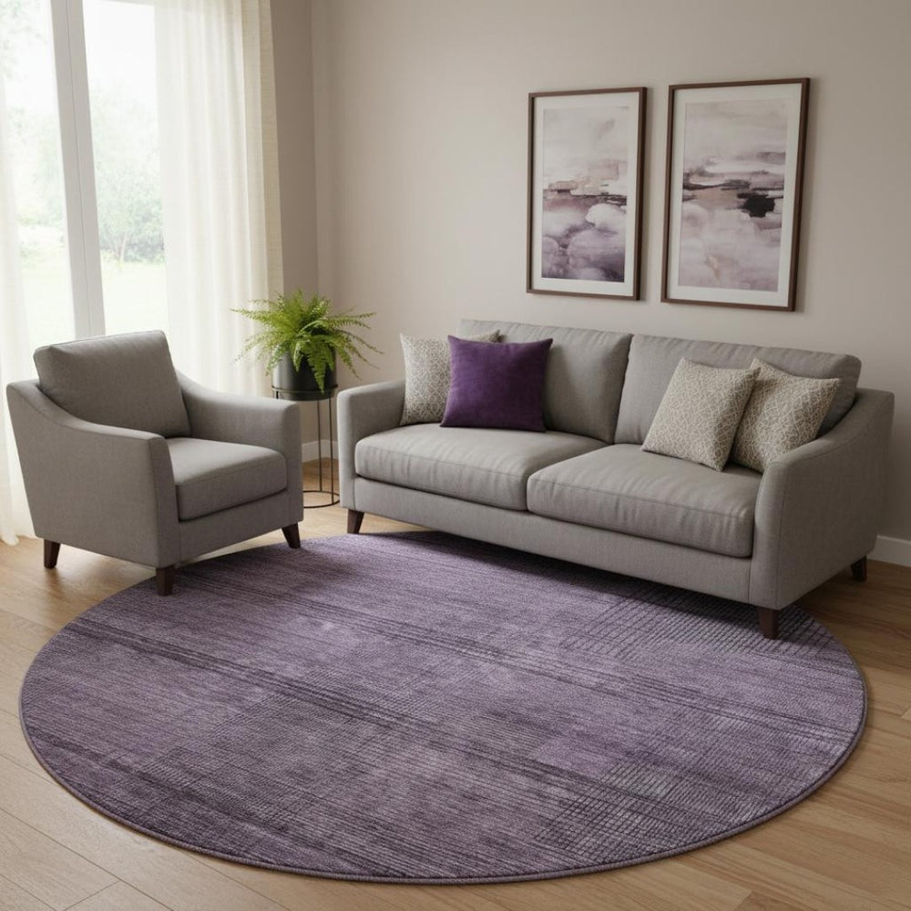 HomeRoots 8' Stylish Plum and Gray Striped Washable Round Rug with UV Protection for Indoor and Outdoor Use 666497
