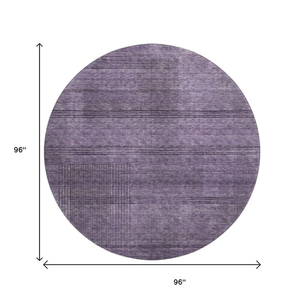HomeRoots 8' Stylish Plum and Gray Striped Washable Round Rug with UV Protection for Indoor and Outdoor Use 666497
