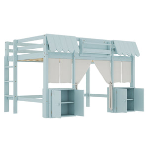 English Elm Full Loft Bed With Playful Cottage Design, Built-In Bookshelf, Curtain & Safety Guardrails For Kids W1580S00360