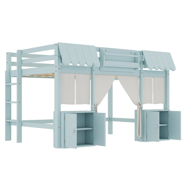 English Elm Full Loft Bed With Playful Cottage Design, Built-In Bookshelf, Curtain & Safety Guardrails For Kids W1580S00360