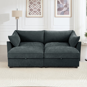 English Elm 2 Seater Sofa With Movable Ottomans & Hidden Storage Drawers - Chic Chenille Comfort & Style W3041S00194