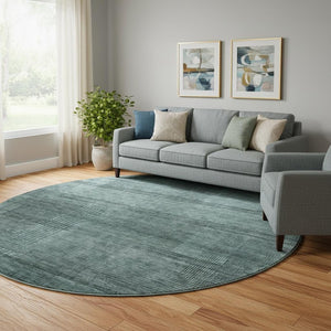 HomeRoots 8' Stylish Teal and Gray Striped Round Rug - Washable, UV Protected, Stain Resistant for Modern Homes 666503