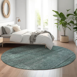 HomeRoots 8' Stylish Teal and Gray Striped Round Rug - Washable, UV Protected, Stain Resistant for Modern Homes 666503