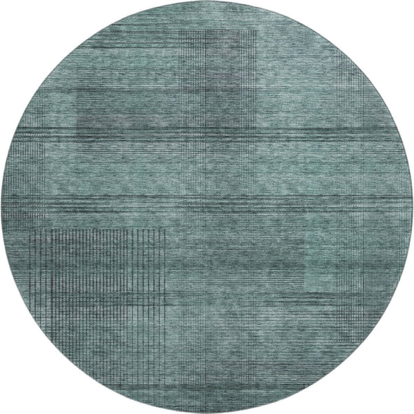 HomeRoots 8' Stylish Teal and Gray Striped Round Rug - Washable, UV Protected, Stain Resistant for Modern Homes 666503