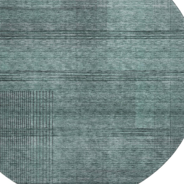 HomeRoots 8' Stylish Teal and Gray Striped Round Rug - Washable, UV Protected, Stain Resistant for Modern Homes 666503