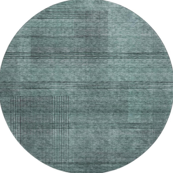 HomeRoots 8' Stylish Teal and Gray Striped Round Rug - Washable, UV Protected, Stain Resistant for Modern Homes 666503