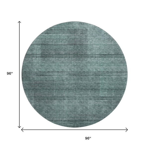 HomeRoots 8' Stylish Teal and Gray Striped Round Rug - Washable, UV Protected, Stain Resistant for Modern Homes 666503