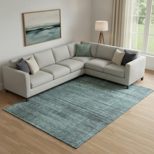 HomeRoots 9' X 12' Teal and Gray Striped Area Rug - Washable, UV Protected, Soft, Durable for High Traffic Spaces 666505