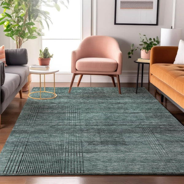 HomeRoots 9' X 12' Teal and Gray Striped Area Rug - Washable, UV Protected, Soft, Durable for High Traffic Spaces 666505